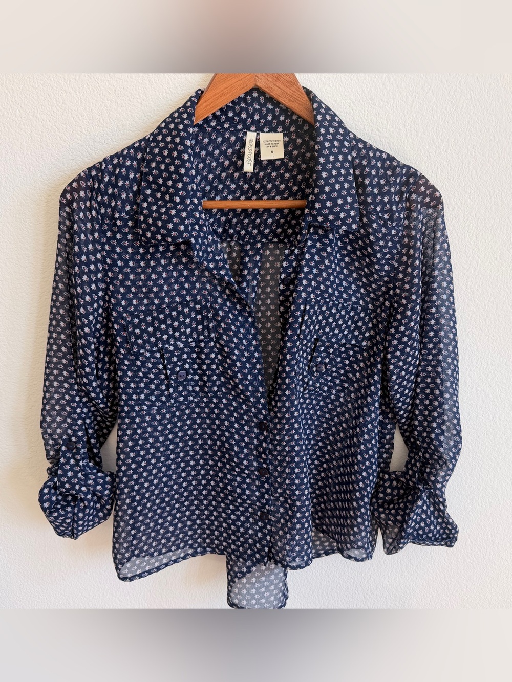 Passport Navy Blue Sheer Floral Button-Up Blouse